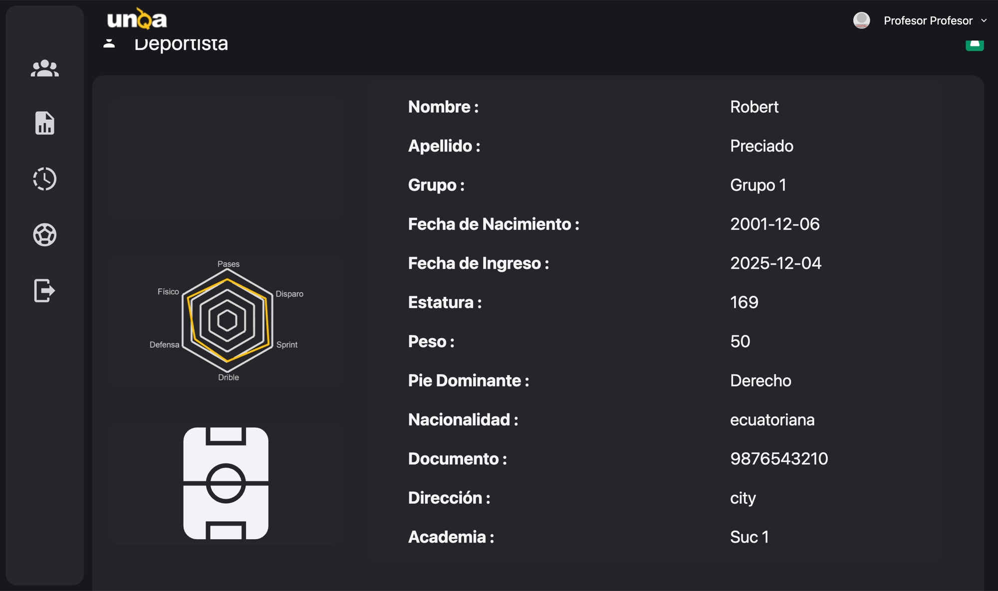 Perfil del deportista con radar de habilidades