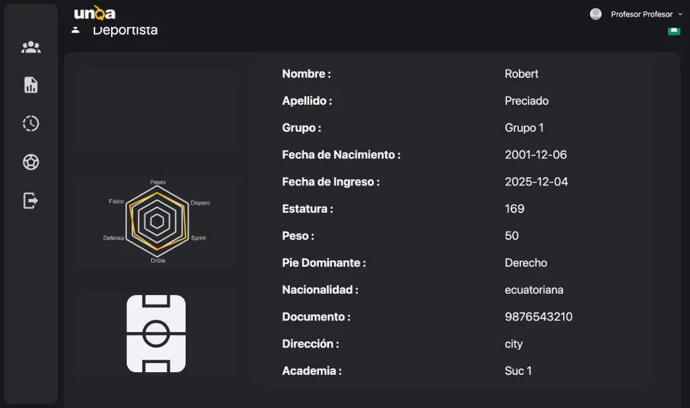 Perfil del deportista con radar de habilidades